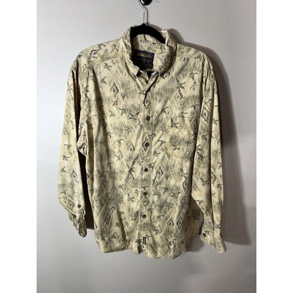Woolrich Shirt Mens Beige Duck Print Button Up Outdoor Hunting Camping Large - Picture 1 of 16